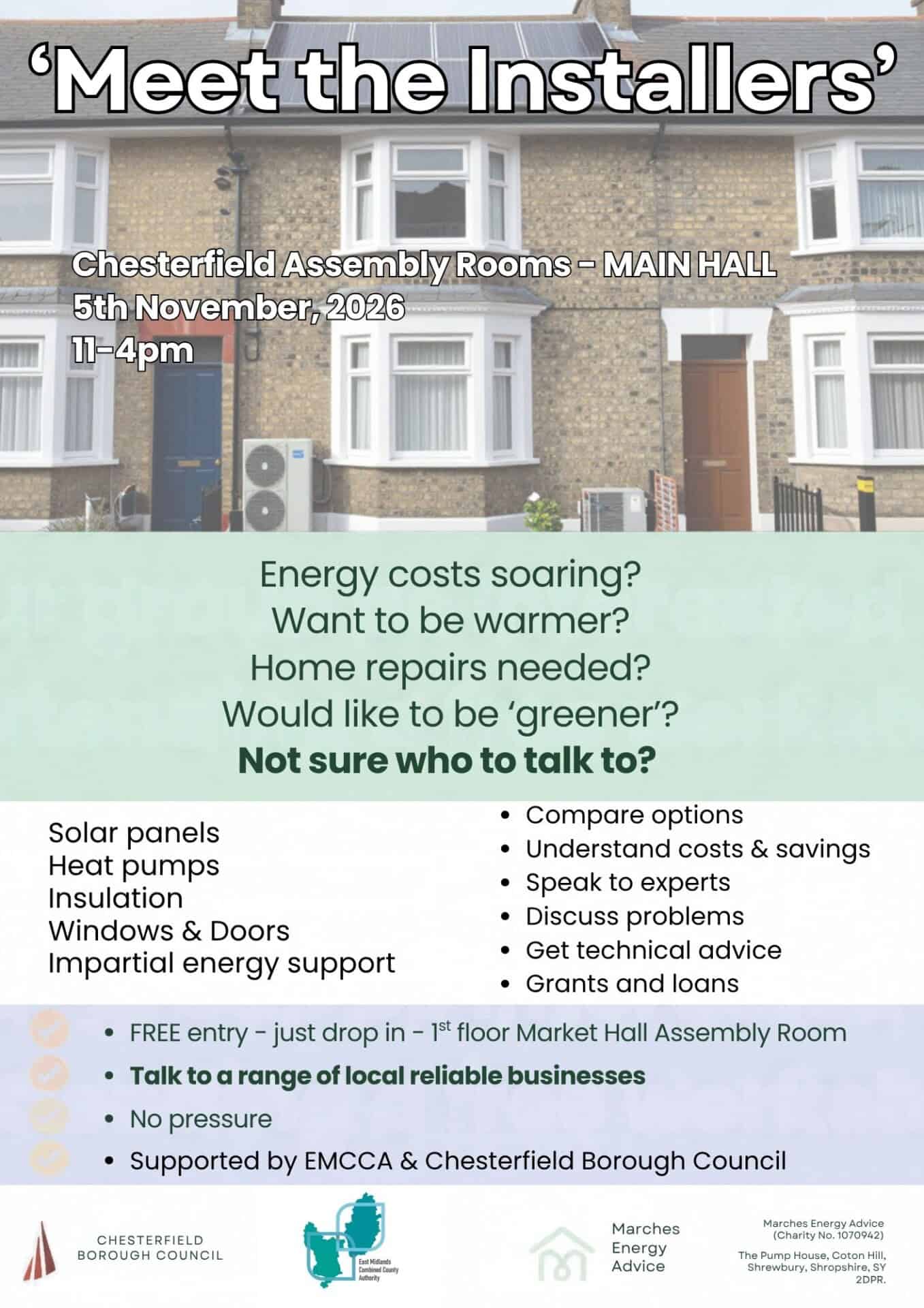 Promotional poster for the free Meet the Installers event at Chesterfield Assembly Rooms on 5 November 2026, featuring advice on heat pumps, solar panels and home energy improvements.