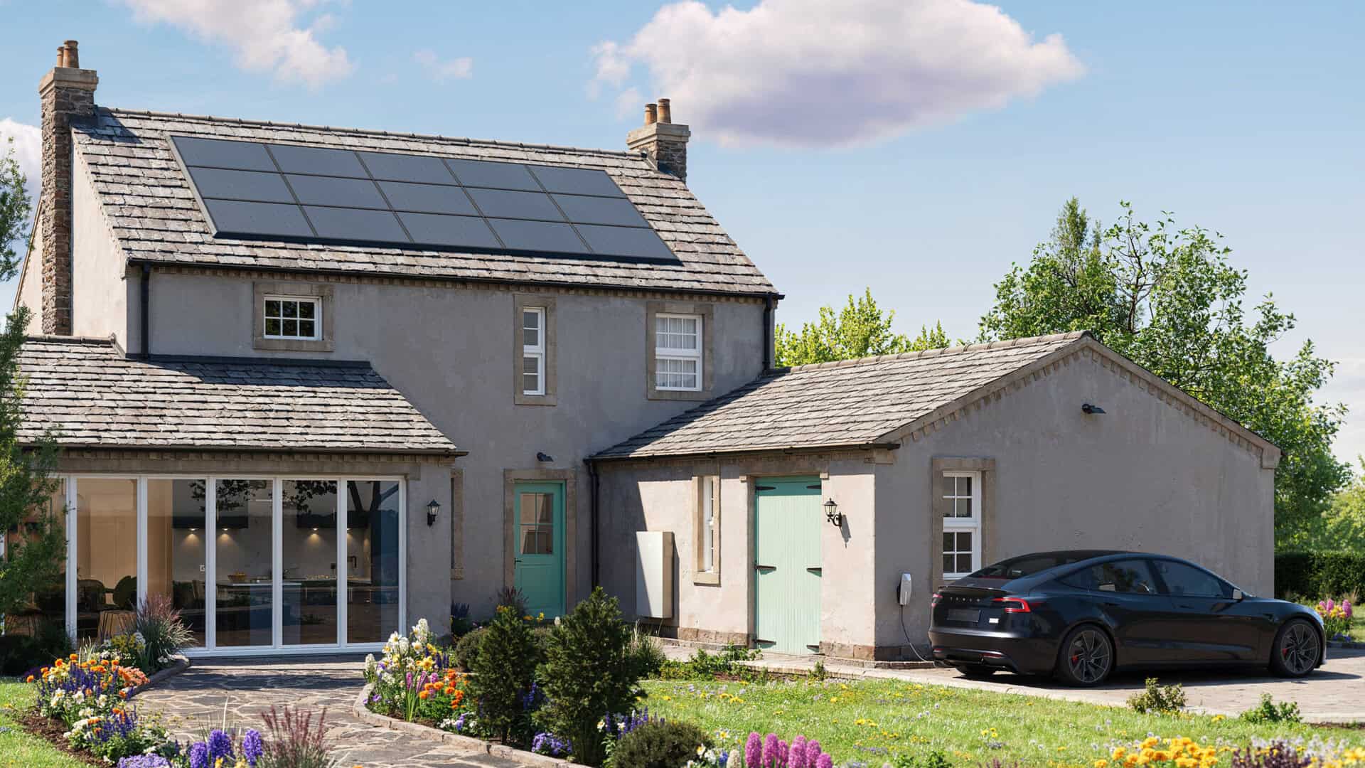 house in sunshine with tesla car being charged on drive